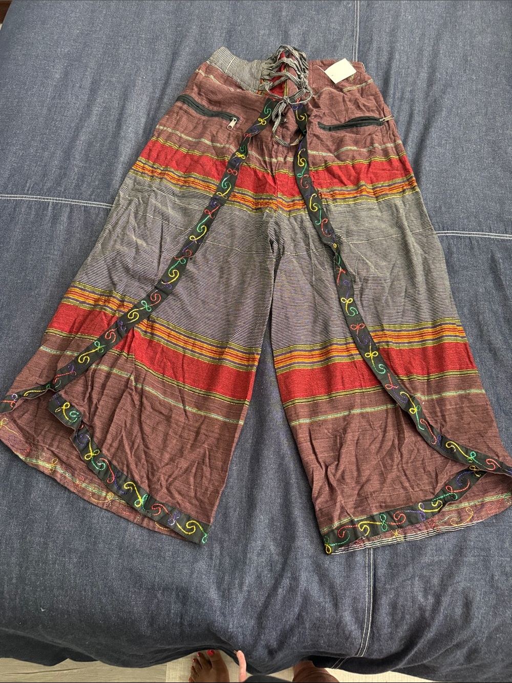 Bohemian Striped Wide-Leg Women’s Pants in Rust & Red